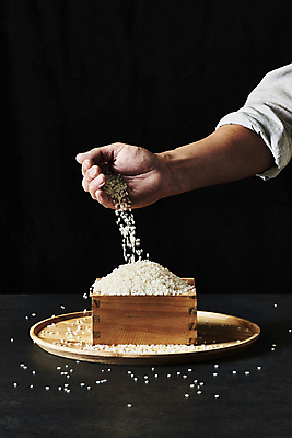 포토 JPG 스튜디오촬영 손 식재료 탁자 검은배경 실내 들기 신체부위 주방 요리사 앞치마 쌀 붓기 되 나무쟁반 흩어짐 국내포토 직업 가구 백그라운드 컨셉 모션 곡류 쟁반 사람 내부 목재 검은색 파일형식