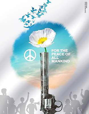 PSD 편집이미지 꽃 실루엣 하늘 타이포그라피 사람없음 파란색 평화 총 사회이슈 비둘기 전쟁 반대 반전 시위 피스마크 이미지편집 식물 문자 기호 무기 컬러 컨셉 조류 촬영기법 파일형식