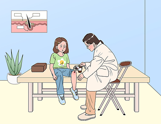 전신 PSD 여자 화분 어린이 의자 일러스트 들기 앉기 소녀 성인 두명 치료 진료 상처 소아과 소독 소아과의사 울상 여자만 안경낌 어린이병원 모낭 피부층 국내일러스트 안경 가구 의학 모션 병원 사람 의사 피부 파일형식