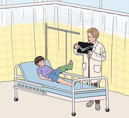 전신 PSD 여자 남자 어린이 일러스트 엑스레이 매달리기 서기 들기 소년 성인 두명 눕기 진료 환자 커튼 보여주기 깁스 가림막 골절 다리골절 병원침대 응급실 입원 입원실 정형외과 소아응급센터 어린이병원 국내일러스트 의학 모션 병원 사람 침대 의료용품 파일형식