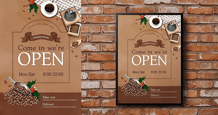 템플릿 포스터 리본 커피 벽 잎 벽돌 안내 프레임 사람없음 갈색 카페 원두 커피잔 알림 그라인더 스쿱 커피열매 포스터템플릿 영업시간 이미지템플릿 AI파일 식물 열매 음료 컬러 잔 상점 시간 커피용품 파일형식 벡터