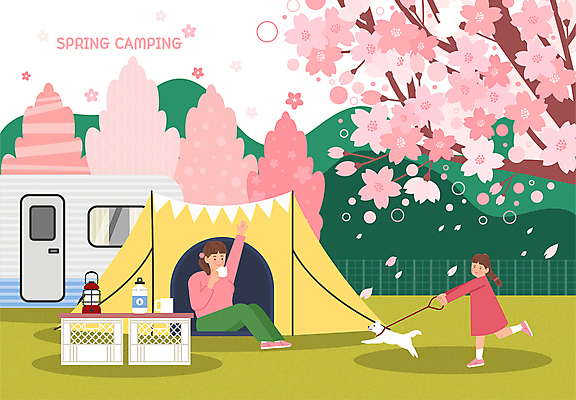 전신 한마리 여자 행복 반려견 어린이 일러스트 가족 모녀 휴가 휴식 텐트 앉기 소녀 성인 두명 달리기 손들기 봄 산책 기쁨 캠핑 머그컵 벚꽃 랜턴 잡기 벚나무 강아지 물병 힐링 캠핑카 목줄 낙화 봄소풍 봄여행 여자만 캠핑박스 국내일러스트 AI파일 나무 1 계절 꽃 딸 감정 여행 컨셉 관계 모션 자동차 엄마 레저 조명 캠핑도구 사람 컵 반려동물 소풍 개 물통 파일형식 벡터 반려용품