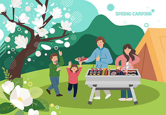 전신 접시 여자 남자 행복 여유 어린이 일러스트 가족 휴가 휴식 함께함 텐트 서기 들기 소녀 소년 여러명 성인 손들기 봄 캠핑 소시지 바비큐 굽기 먹기 캠핑장 즐거움 힐링 따봉 꼬치구이 목련 목련나무 바베큐그릴 봄소풍 봄여행 바베큐장 국내일러스트 AI파일 나무 식기 계절 꽃 감정 음식 여행 다수 컨셉 관계 모션 레저 캠핑도구 사람 소풍 최고 가공식품 꼬치 그릴 구이 파일형식 벡터