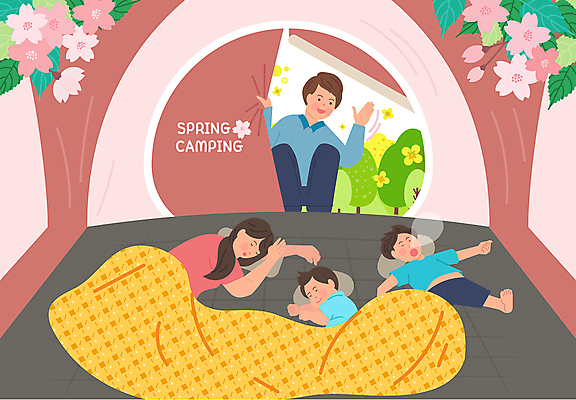 전신 여자 남자 행복 여유 어린이 일러스트 가족 아침 휴가 휴식 텐트 소년 여러명 상반신 성인 눕기 눈감음 봄 캠핑 벚꽃 기상 잡기 잠 힐링 웅크림 봄소풍 봄여행 손흔들기 깨우기 국내일러스트 AI파일 주간 계절 꽃 감정 여행 다수 컨셉 관계 모션 레저 캠핑도구 사람 소풍 파일형식 벡터