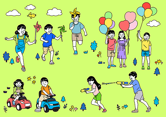 전신 구름 여자 남자 어린이 일러스트 조류 서기 들기 소녀 소년 여러명 연두색 달리기 승차 어린이날 장난감자동차 바람개비 하트풍선 풍선 놀기 물총 물총놀이 물총싸움 풍선잡기 어린이만 100주년 국내일러스트 AI파일 자연요소 동물 기념일 다수 모션 놀이 사람 초록색 장난감 하트 잡기 싸움 파일형식 벡터