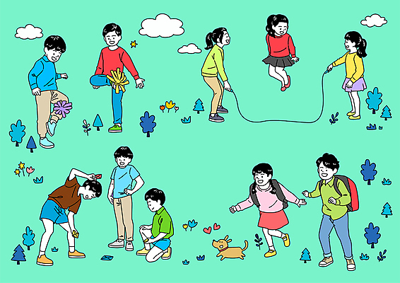 전신 한마리 여자 남자 어린이 허리손 일러스트 책가방 서기 앉기 소녀 소년 여러명 달리기 하트 강아지 어린이날 등하교 줄넘기 제기차기 놀기 딱지 딱지치기 어린이만 100주년 국내일러스트 AI파일 모양 1 기념일 포즈 다수 가방 모션 놀이 사람 반려동물 운동 전통놀이 개 파일형식 벡터