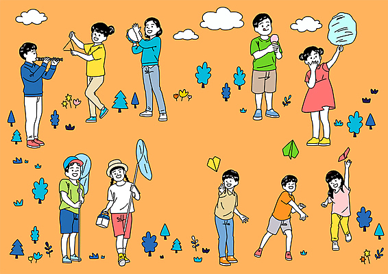 전신 구름 여자 남자 어린이 일러스트 날리기 아이스크림 서기 들기 소녀 소년 여러명 주황색 던지기 어린이날 먹기 종이비행기 트라이앵글 곤충채집 탬버린 리코더 채집망 놀기 솜사탕 채집통 어린이만 100주년 국내일러스트 AI파일 자연요소 기념일 컬러 다수 곤충 모션 디저트 타악기 통 사람 목관악기 수집 종이접기 파일형식 벡터