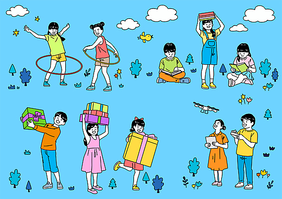 전신 구름 여자 남자 어린이 하늘색 일러스트 서기 들기 앉기 소녀 소년 여러명 책 선물상자 독서 어린이날 머리위 훌라후프 놀기 드론 원격조종 조종장치 어린이만 100주년 국내일러스트 AI파일 자연요소 기념일 다수 모션 선물 사람 파란색 상자 장비 파일형식 벡터