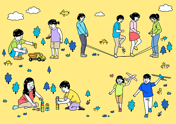 전신 구름 여자 남자 어린이 일러스트 서기 들기 앉기 소녀 소년 여러명 달리기 노란색 블록 어린이날 장난감자동차 고무줄놀이 놀기 블록쌓기 비행기모형 흙장난 어린이만 100주년 국내일러스트 AI파일 자연요소 기념일 컬러 다수 장난 모션 놀이 비행기 사람 장난감 쌓기 모형 파일형식 벡터