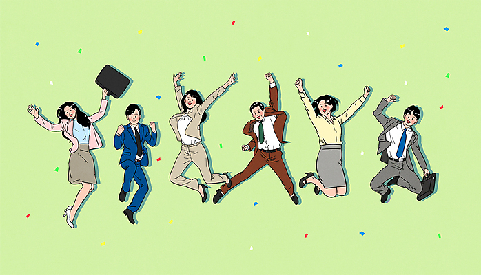 전신 여자 남자 서류가방 일러스트 정장 여러명 성인 연두색 손들기 점프 파이팅 기쁨 만세 비즈니스맨 비즈니스우먼 꽃가루 성인만 국내일러스트 AI파일 옷 감정 다수 가방 비즈니스 모션 사람 초록색 직장인 가루 파일형식 벡터