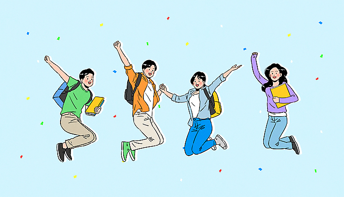 전신 여자 남자 대학생 하늘색 일러스트 책가방 들기 여러명 성인 책 손들기 손잡기 점프 파이팅 기쁨 꽃가루 성인만 국내일러스트 AI파일 학생 감정 다수 가방 모션 사람 파란색 가루 파일형식 벡터