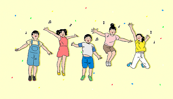 전신 여자 남자 어린이 음표 일러스트 팔벌리기 소녀 소년 여러명 노란색 점프 기쁨 만세 꽃가루 어린이만 국내일러스트 AI파일 기호 감정 음악 컬러 다수 모션 사람 가루 파일형식 벡터
