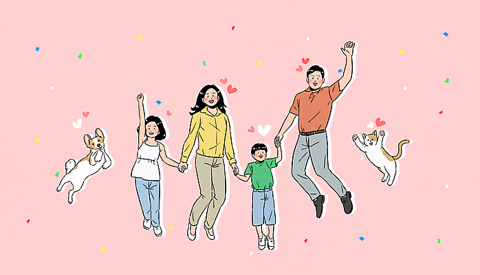 전신 여자 남자 딸 반려견 아들 어린이 분홍색 두마리 일러스트 가족 엄마 소녀 소년 여러명 성인 손들기 손잡기 점프 고양이 기쁨 하트 아빠 강아지 꽃가루 반려묘 국내일러스트 AI파일 모양 감정 컬러 다수 2 포유류 관계 모션 사람 반려동물 개 가루 파일형식 벡터