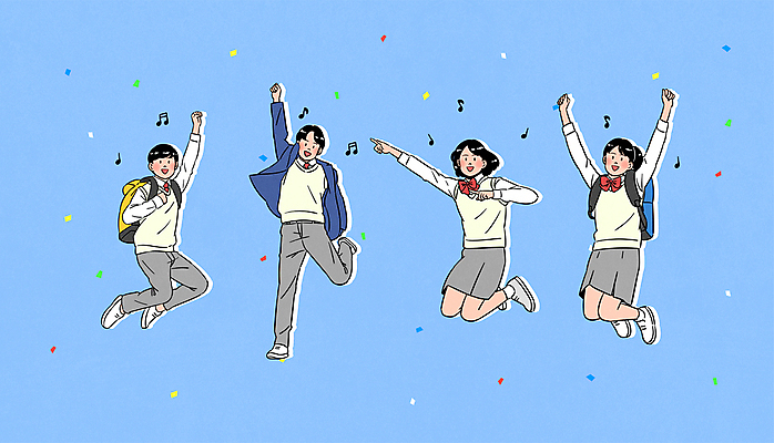 전신 학생 여자 남자 교복 포즈 음표 일러스트 청소년 책가방 손짓 여러명 점프 파이팅 주먹 기쁨 만세 가리킴 꽃가루 십대만 국내일러스트 AI파일 기호 옷 감정 음악 다수 가방 모션 사람 가루 파일형식 벡터