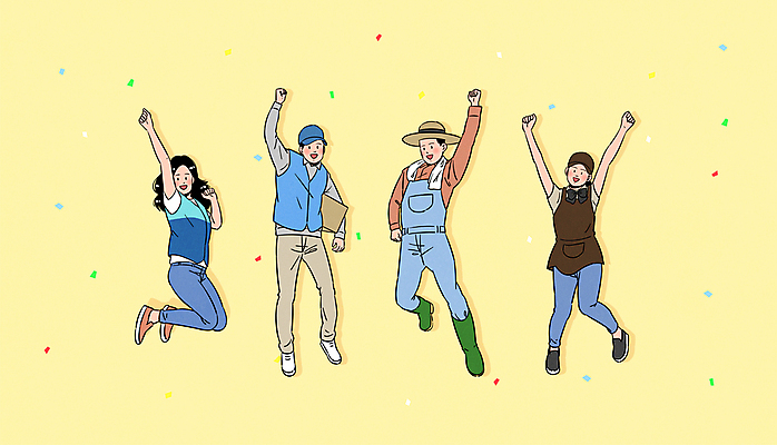 전신 여자 남자 일러스트 들기 여러명 성인 노란색 점프 파이팅 주먹 카페 기쁨 만세 택배기사 농부 택배 꽃가루 택배상자 아르바이트 편의점 성인만 소상공인 국내일러스트 AI파일 직업 감정 컬러 다수 모션 사람 경제 상자 상점 운송업 배달원 가루 상인 파일형식 벡터