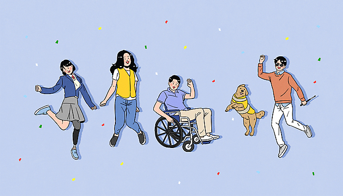 전신 한마리 여자 남자 교복 일러스트 청소년 들기 여러명 성인 파란색 선글라스 손들기 점프 파이팅 기쁨 장애인 휠체어 꽃가루 시각장애인 안내견 의족 흰지팡이 국내일러스트 AI파일 1 옷 감정 안경 컬러 다수 모션 지팡이 사람 개 가루 장애 파일형식 벡터