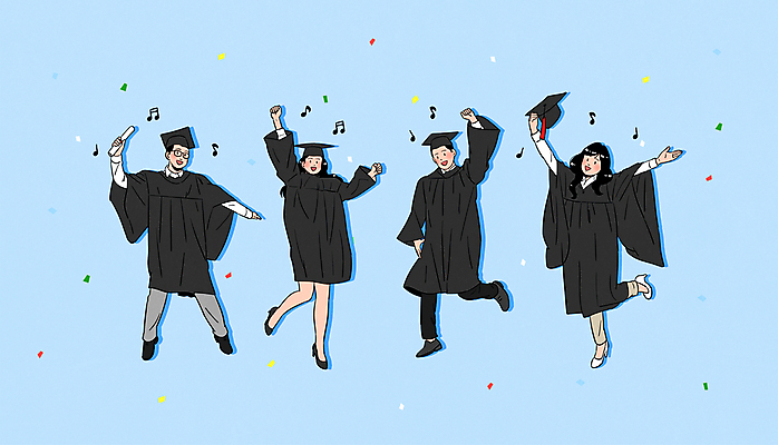 전신 여자 남자 하늘색 음표 일러스트 학사모 졸업 졸업생 들기 여러명 성인 점프 파이팅 기쁨 만세 졸업가운 졸업장 꽃가루 성인만 국내일러스트 AI파일 모자_잡화 기호 교육 감정 음악 다수 모션 사람 파란색 가운 가루 파일형식 벡터