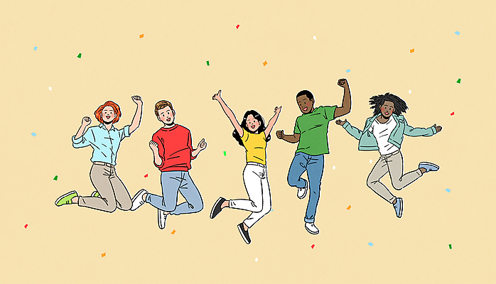 전신 외국인 여자 남자 일러스트 팔벌리기 여러명 성인 노란색 손들기 점프 파이팅 주먹 기쁨 만세 다문화 꽃가루 다인종 성인만 국내일러스트 AI파일 감정 컬러 다수 모션 사람 인종 가루 사회이슈 파일형식 벡터