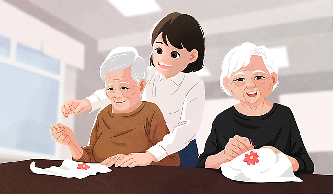 PSD 여자 노년 꽃 할머니 일러스트 들기 상반신 성인 세명 교사 도움 바늘 바느질 천 사회복지 노인복지 자수 노인학교 도우미 여자만 노인교육 노인유치원 국내일러스트 식물 직업 교육 컨셉 학교 모션 사람 도구 직물 복지 파일형식