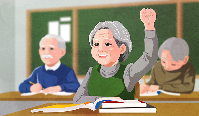 PSD 여자 할아버지 노년 남자 할머니 일러스트 수업 들기 상반신 책 세명 연필 손들기 칠판 기록 발표 사회복지 노인복지 노인학교 노인만 노인교육 노인유치원 국내일러스트 교육 학교 모션 학용품 사람 성인 필기구 복지 성인만 파일형식