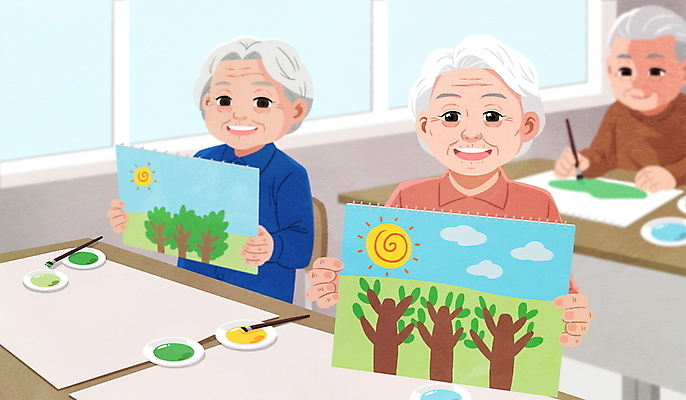 PSD 여자 할아버지 노년 남자 할머니 일러스트 창문 교실 미소 들기 상반신 세명 물감 붓 그리기 사회복지 책상 스케치북 그림 노인복지 미술교육 보여주기 노인학교 풍경화 노인만 노인교육 노인유치원 국내일러스트 교육 가구 학교 모션 학용품 표정 미술 사람 성인 미술도구 복지 성인만 파일형식