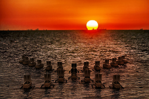 PSD 편집 편집이미지 바다 사람없음 태양 3D 일몰 디지털합성 거북선 충무공 수평선 편집소스 호국보훈의달 판옥선 이미지편집 편집3D 자연요소 노을 6월 군함 파일형식