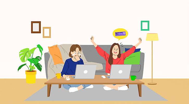 전신 여자 남자 화분 거실 일러스트 탁자 성공 앉기 성인 두명 친구 노트북 소파 주먹 기쁨 만세 슬픔 스탠드 티켓 구매 울음 불안 눈물 안절부절 티켓팅 성인만 국내일러스트 AI파일 감정 가구 컨셉 의자 관계 모션 조명 표정 사람 전자제품 쇼핑 파일형식 벡터