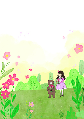 전신 PSD 나무 한마리 여자 어린이 꽃다발 동물캐릭터 일러스트 봄꽃 곰 휴식 함께함 한명 서기 들기 소녀 잔디 봄풍경 봄 풀 소녀한명만 국내일러스트 일러캐릭터 식물 동물 캐릭터 1 계절 꽃 컨셉 포유류 모션 사람 풍경 여자한명만 소녀만 파일형식