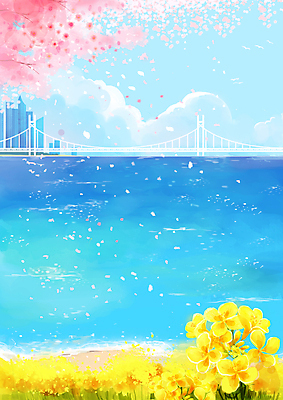 PSD 구름 꽃잎 바다 일러스트 해변 사람없음 건물 봄풍경 벚꽃 도시 유채 부산 광안대교 광안리해수욕장 유채밭 국내일러스트 자연요소 건축물 꽃 밭 한국 풍경 봄 다리_건축물 해수욕장 파일형식