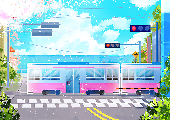 PSD 구름 꽃잎 바다 일러스트 사람없음 기차 벚꽃 횡단보도 신호등 해안도로 부산 선로 청사포 국내일러스트 자연요소 꽃 도로 육상교통 대중교통 한국 보행로 파일형식