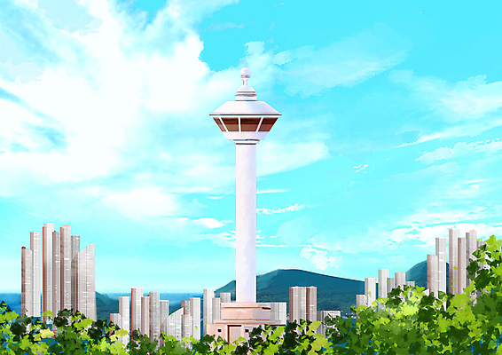 PSD 구름 일러스트 하늘 산 사람없음 탑 고층빌딩 도시 부산 용두산공원 부산타워 국내일러스트 자연요소 건축물 공원 한국 빌딩 전망대 파일형식