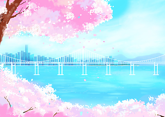 PSD 바다 분홍색 하늘색 일러스트 빌딩 사람없음 봄풍경 벚꽃 도시 벚나무 부산 광안대교 광안리해수욕장 국내일러스트 나무 꽃 컬러 한국 풍경 건물 파란색 봄 다리_건축물 해수욕장 파일형식