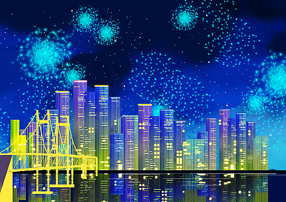 PSD 바다 야경 일러스트 폭죽 불꽃놀이 사람없음 건물 파란색 고층빌딩 도시 부산 가교 국내일러스트 건축물 컬러 놀이 한국 빌딩 야간 파일형식 풍경_경치