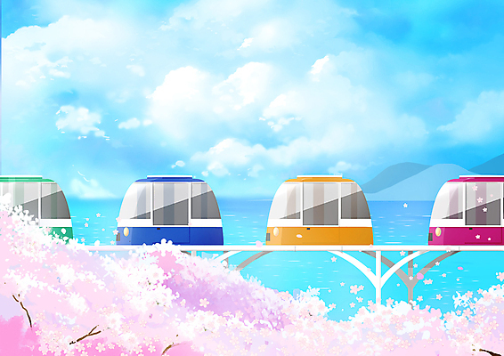 PSD 구름 바다 하늘색 일러스트 하늘 풍경 사람없음 봄풍경 벚꽃 벚나무 부산 레일바이크 국내일러스트 자연요소 나무 꽃 한국 파란색 바이크 봄 파일형식