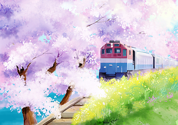 PSD 바다 분홍색 잎 일러스트 해변 사람없음 봄풍경 기찻길 기차 벚꽃 벚나무 부산 선로 국내일러스트 나무 식물 꽃 육상교통 컬러 대중교통 한국 풍경 봄 파일형식