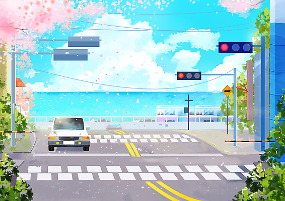 PSD 구름 꽃잎 도로 바다 일러스트 자동차 사람없음 봄풍경 기차 벚꽃 신호등 해안도로 부산 청사포 국내일러스트 자연요소 꽃 길 육상교통 교통시설 대중교통 한국 풍경 봄 파일형식