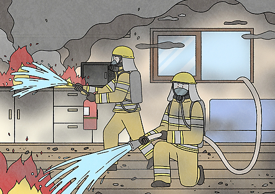 전신 PSD 여자 남자 일러스트 창문 불 들기 성인 내부 두명 물 연기 보호장비 소방관 소방 화재 호스 소화기 물뿌리기 소방호스 화재진압 성인만 무릎구부리기 방호복 국내일러스트 자연요소 옷 포즈 모션 사람 장비 안전장비 구조원 사건 진압 파일형식