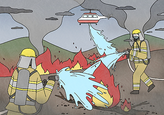 전신 PSD 나무 여자 남자 일러스트 산 들기 성인 두명 물 연기 보호장비 소방관 소방 화재 호스 산불 물뿌리기 소방헬리콥터 소방호스 화재진압 성인만 방호복 국내일러스트 자연요소 식물 옷 모션 사람 장비 구조원 사건 진압 파일형식