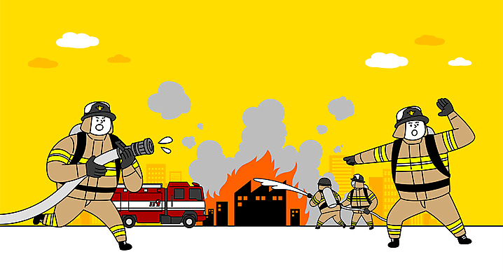 전신 남자 일러스트 불 들기 여러명 성인 건물 손들기 가리킴 연기 소방관 소방 화재 소방차 물뿌리기 소방호스 화재진압 성인남자만 방호복 국내일러스트 AI파일 자연요소 건축물 옷 다수 모션 자동차 사람 손짓 구조원 사건 호스 진압 남자만 성인만 파일형식 벡터