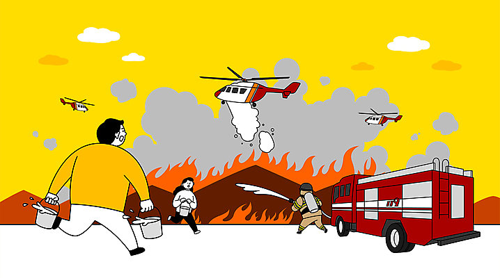 전신 여자 남자 일러스트 불 들기 여러명 성인 연기 소방관 소방 화재 소방차 산불 시민 물뿌리기 물양동이 소방헬리콥터 소방호스 화재진압 국내일러스트 AI파일 자연요소 다수 모션 자동차 사람 구조원 사건 양동이 호스 국민 진압 파일형식 벡터