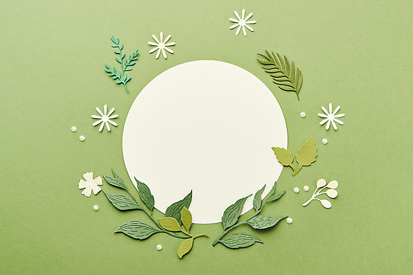 포토 JPG 스튜디오촬영 종이 잎 실내 사람없음 하이앵글 페이퍼아트 오브젝트 원형프레임 종이꽃 카피스페이스 초록배경 국내포토 식물 꽃 뷰포인트 백그라운드 프레임 내부 초록색 공백 원형 파일형식