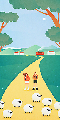 전신 나무 여자 남자 길 여행 일러스트 자연 휴가 서기 초원 성인 취미 두명 초록색 걷기 마을 시골 양 양떼 성인만 백패킹 국내일러스트 AI파일 식물 컬러 포유류 모션 사람 레포츠 생태계 파일형식 벡터