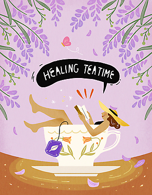 전신 PSD 모자 여자 꽃잎 행복 나비 말풍선 일러스트 티타임 사랑 한명 들기 성인 책 독서 보라색 기댐 힐링 홍차 라벤더 티백 다리들기 성인여자한명만 자기애 국내일러스트 1 잡화 꽃 감정 컬러 곤충 모션 휴식 사람 차_음료 허브 여자한명만 성인여자만 파일형식