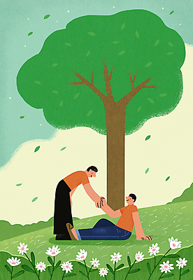 전신 PSD 나무 구름 남자 꽃 행복 일러스트 응원 하늘 사랑 서기 앉기 초원 성인 두명 초록색 마주보기 손잡기 성장 격려 성인남자만 자기애 국내일러스트 자연요소 식물 감정 컬러 모션 사람 남자만 성인만 파일형식