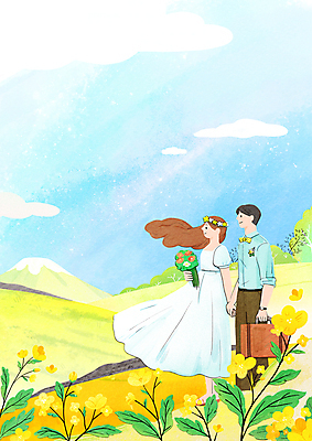 전신 PSD 구름 여자 남자 부케 웨딩드레스 하늘색 결혼 가방 라인일러스트 일러스트 신혼부부 하늘 서기 들기 풍경 성인 두명 제주도 노란색 봄 로맨틱 신혼여행 유채 신혼 한라산 신랑신부 유채밭 성인만 국내일러스트 자연요소 부부 잡화 드레스 계절 꽃 신부_웨딩 컬러 꽃다발 신랑 컨셉 밭 모션 산 한국 사람 이벤트 파란색 파일형식