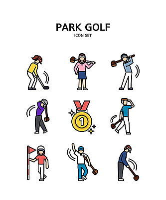 아이콘 여자 할아버지 노년 남자 할머니 어린이 들기 소녀 소년 여러명 성인 손들기 잡기 우승 스윙 메달 금메달 골프깃발 파크골프 2D아이콘 AI파일 포즈 다수 골프 모션 사람 깃발 최고 상_상패 파일형식 벡터
