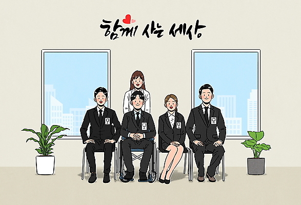 전신 PSD 손글씨 여자 남자 화분 의자 일러스트 창문 직장 함께함 미소 앉기 정장 여러명 상반신 성인 글자캘리그라피 구직 장애인 휠체어 신입사원 면접 취업준비생 공존 베이지색 비장애인 입사 채용 평등 성인만 장애인취업 국내일러스트 옷 컬러 가구 다수 컨셉 회사 비즈니스 캘리그라피 모션 표정 사람 장애 파일형식