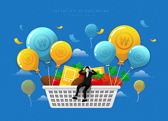 전신 구름 남자 토마토 일러스트 하늘 한명 앉기 정장 성인 경제 파란색 당근 비즈니스맨 원화 불안 장바구니 상승 꽃가루 풍선 감싸기 폭등 얼굴없음 성인남자한명만 인플레이션 국내일러스트 AI파일 자연요소 1 옷 감정 컬러 컨셉 돈 채소 비즈니스 모션 뿌리채소 사람 쇼핑 바구니 직장인 가루 남자한명만 성인남자만 파일형식 벡터