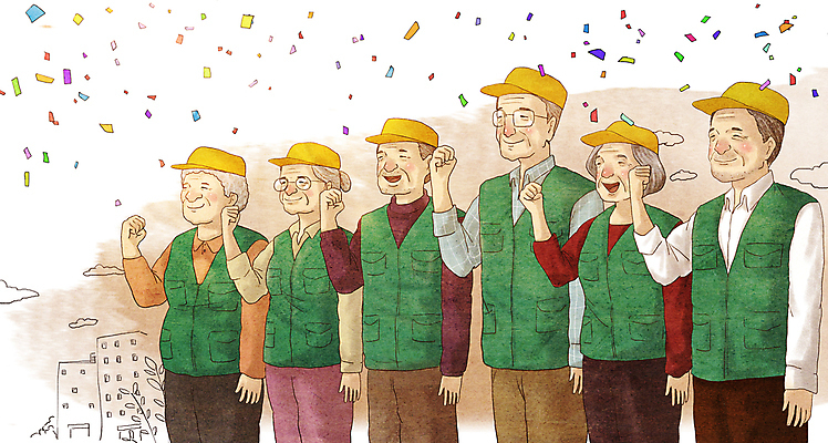 PSD 모자 여자 할아버지 노년 남자 행복 할머니 일러스트 여러명 상반신 건물 파이팅 주먹 조끼 노인복지 꽃가루 실버취업 아르바이트 고령화 노인만 공공근로 국내일러스트 건축물 잡화 감정 다수 모션 사람 성인 외투 구직 가루 사회이슈 복지 정부정책 성인만 파일형식