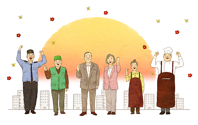 전신 PSD 여자 할아버지 노년 남자 꽃 행복 할머니 일러스트 서기 여러명 건물 태양 노란색 요리사 파이팅 앞치마 희망 비즈니스맨 비즈니스우먼 노인복지 실버취업 아르바이트 경비원 고령화 재취업 노인만 공공근로 국내일러스트 자연요소 식물 직업 건축물 감정 컬러 다수 비즈니스 모션 사람 성인 구직 직장인 사회이슈 복지 정부정책 성인만 파일형식